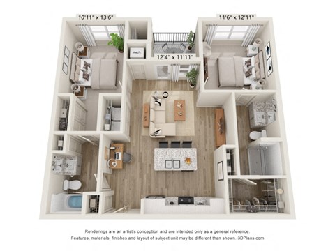 Floor plan for 2 beds, 2 baths, 1027 sqft